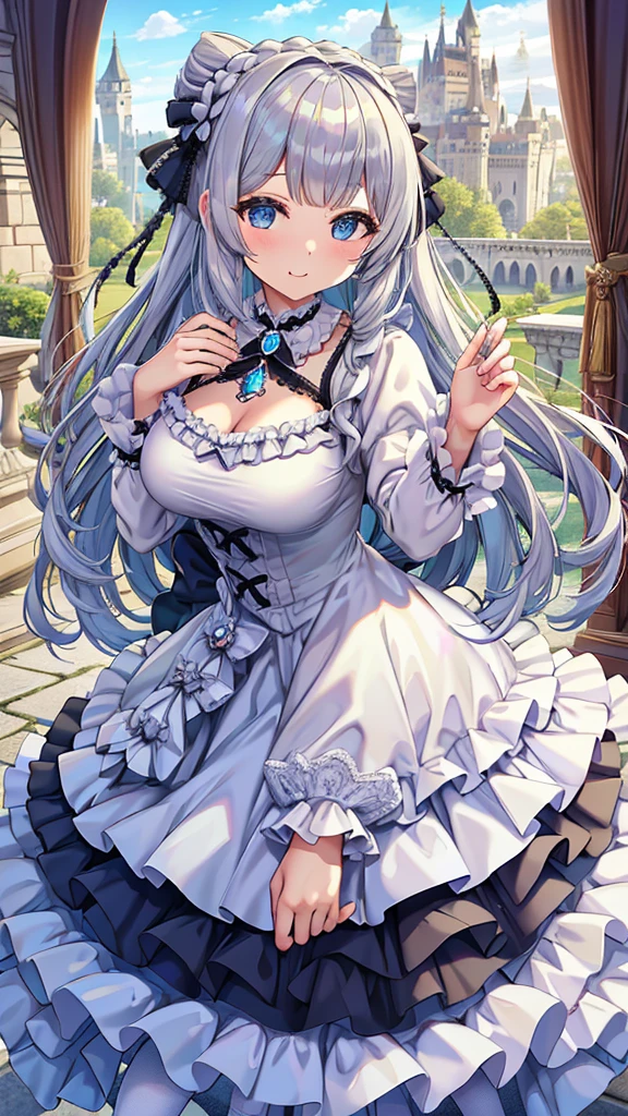 Masterpiece、Highest quality、Super detailed、Fluffy and soft long hair、Gray Hair、Diamond Eyes、Big Tits、Too big breastagic使い、ta Clothing、Ribbons and frills、diamond brooch、magicのダイヤモンドのステッキ、magic、smile、Cute castle
