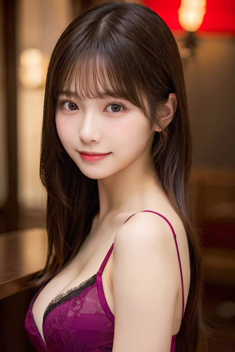20-year-old girl,Japanese,Huge breasts, 1 girl per photo, Full Body Shot, View from the front, Japanese, cute girl, Very cute face, The best smile,Glossy Lips, Sweaty body, Double eyelids on both eyes, Natural Makeup, Shiny and smooth light brown long hair, Asymmetrical bangs, Sunburned skin, Center image, 8K resolution, High detail, Detailed hairstyle, Detailed face, Great cinema lighting, Octane Rendering, Vibrant, Perfect limbs, Perfect Anatomy,Full Body Shot、Sexy Lingerie