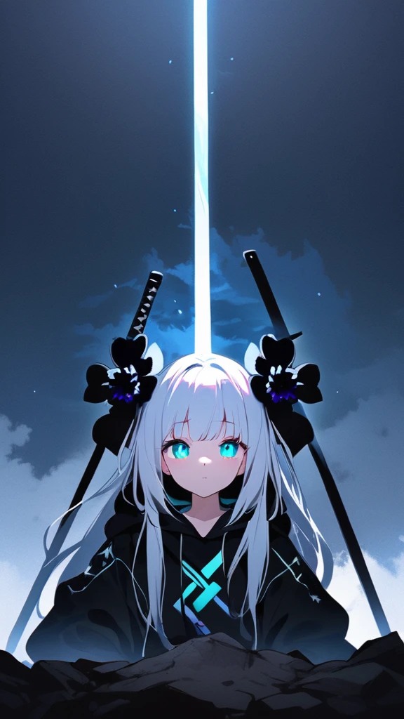 Masterpiece, saturate, full HD, best quality, 1girl, ( young girl, cute girl), slim body.medium breast, white light hair.detailed beautiful eyes. Glowing eye. Bright aqua eyes, long hair, bangs, black flower hair ornament, black hoodie oversized, holding sword. Black flower hair ornament. girl's head facing upwards, shadows surrounding girl, foggy theme, rocky plain background and many swords sticking into the ground, foggy