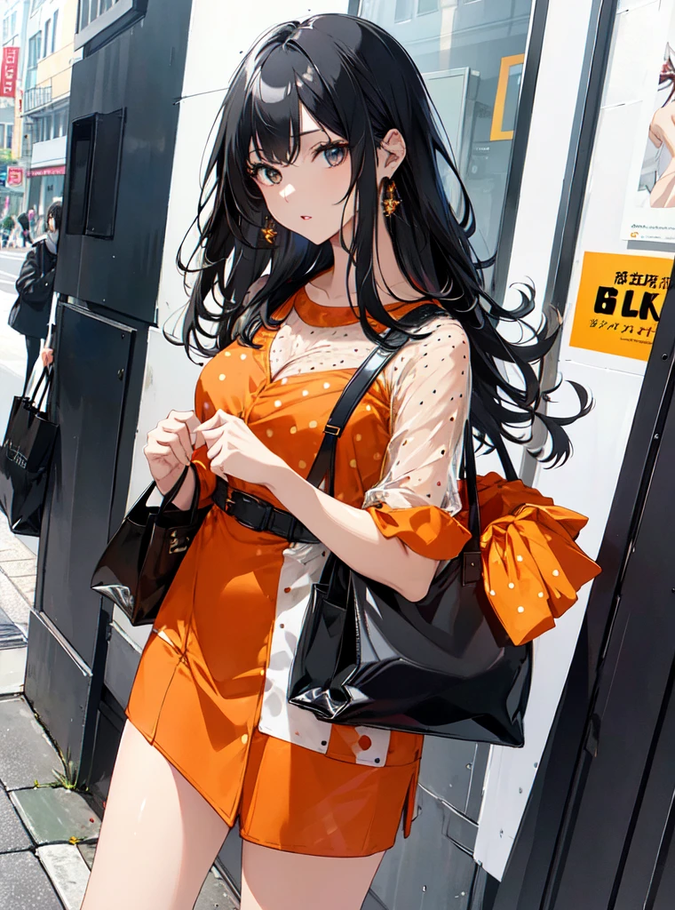 (masterpiece:1.4),(detailed:1.4),(8k:1.4),(beautiful:1.4),(soro 21 years old),(anime style),(gwaites style artwork),(close set eyes),(flipped black mesh hair on black Medium long haired:1.2),((tareme:1.4)),(pointed nose),(pointy medium breasts),(medium ass,slim body),(deep detailed eyes),(sparkling eyes),(Composition from the front),((long legs;1.5)),((standing1.5)),((:o 1.5)),((glistening skin:1.4)),((:o:1.5)),(RAW Photos:1.4),((revealing clothes:1.5)),((park:1.5)),modern and accented, Add contrast to the orange color block dress with a monochrome handbag. Show off your individuality with large polka dot earrings and colorful sunglasses., Show off your individuality with large polka dot earrings and colorful sunglasses, color block or dot pattern, urban and sophisticated, Shopping, cafes, walking around town,