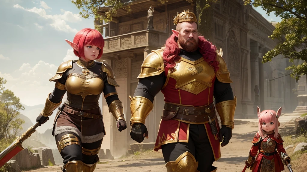 Large and strong soldier, covered in golden armor, with his head out, short hair with red bangs, holding a giant hammer and a shield, walking hand in hand with a 6 year old dwarf  girl, with pink hair and ears elf