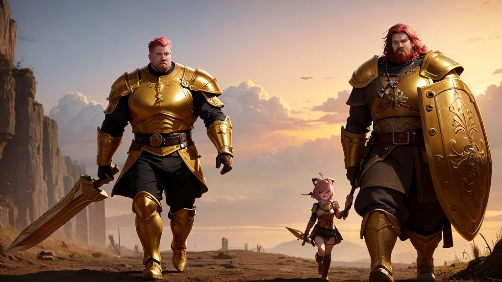 Large and strong soldier, covered in golden armor, with his head out, short hair with red bangs, holding a giant hammer and a shield, walking hand in hand with a 6 year old dwarf girl, with pink hair and ears elf
