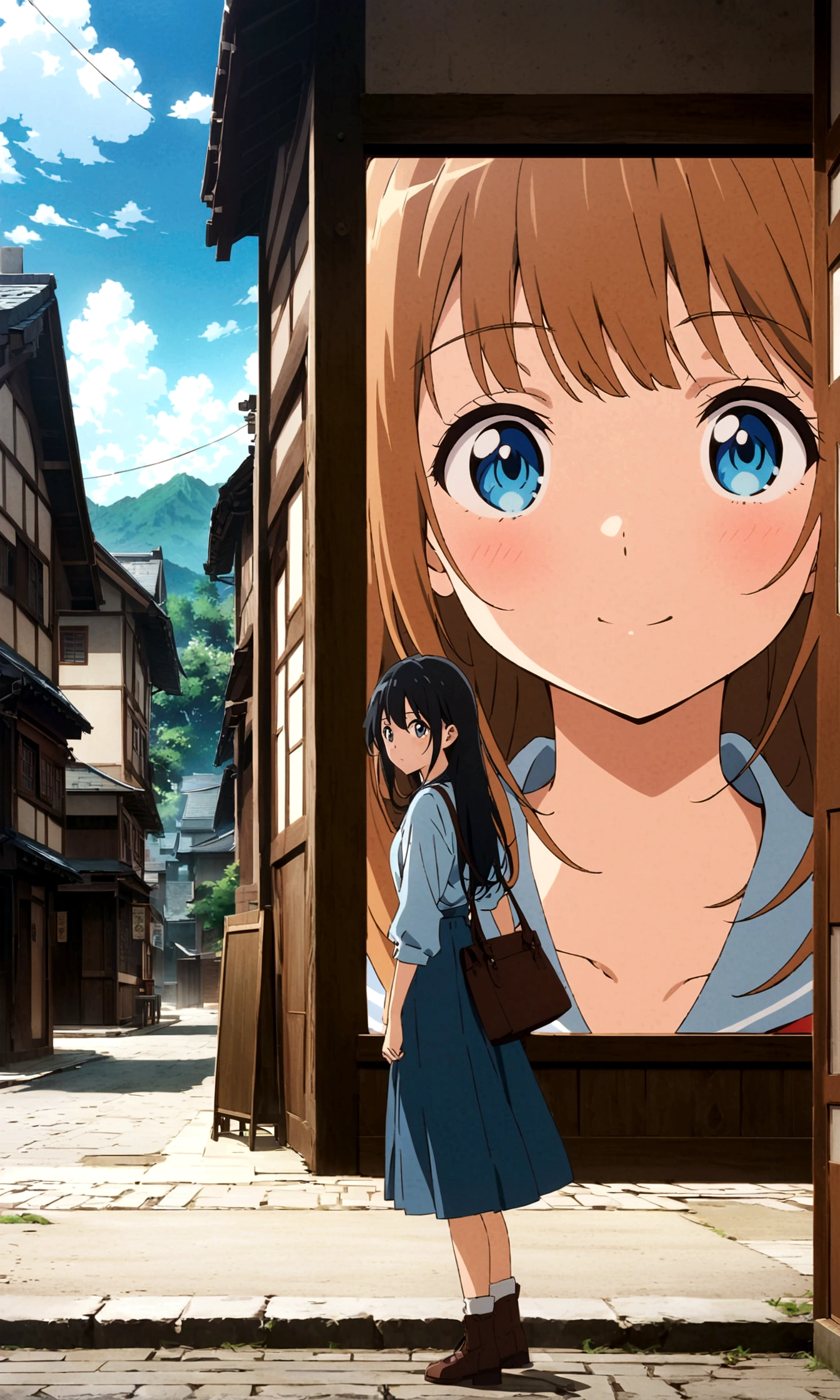 anime girl with long hair and blue eyes standing in front of a building, yourname movie style, Makoto Shinkai&#39;s art style, Anime Style 4k, 4K Manga Wallpapers, yourname, Makoto Shinkai style, makoto shinkai!, makoto shinkai!!, Kyoto Animation key visual, 4k anime wallpaper, Photo of a-1