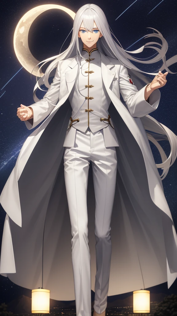 1 tall young man, silver hair, blue eyes, white skin, smile, long hair, floating in the air, short jacket, long pants, holding a lantern, Chinese lantern, night, moon