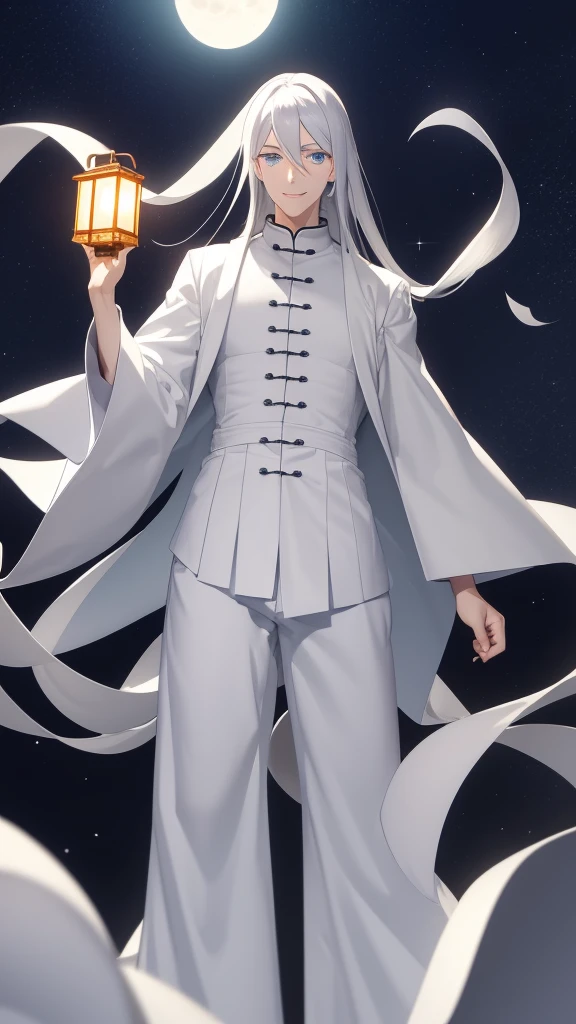 1 tall young man, silver hair, blue eyes, white skin, smile, long hair, floating in the air, short jacket, long pants, holding a lantern, Chinese lantern, night, moon