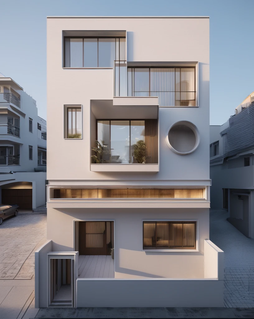 (Townhouse in city ,close houses and trees), daylight ( best quality) ((high solution)) ,(( photo realistic)) ,warm light, (sharp focont view of townhouse in style of modern,small house, Narrow area,VietNam,facade, curved arch,beautiful facade,curved windown,narrow and long ,two-storey,mutual colours, soft lighting, warm atmosphere,high Resolution, hyper detailed,4k ,vray render, octane render, hyper realistic, photography expert ,exterior design , professional photography, exterior photography,wide-angle shot , ultra detail , high Resolution , full frame, full body, super high quality