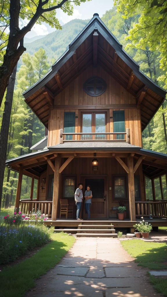 The image features two individuals standing in front of two charming, rustic cabins. The cabins are made of wood and have a distinctive, arched roof design. Each cabin has a front porch with steps leading up to it, surrounded by lush greenery and colorful flowers. The cabins appear to be located in a rural or mountainous area, adding to their quaint, cozy atmosphere. The sky is overcast, lending a cool and tranquil mood to the scene. The individuals are dressed in casual clothing and are smiling at the camera, suggesting a pleasant visit or stay at this picturesque location.