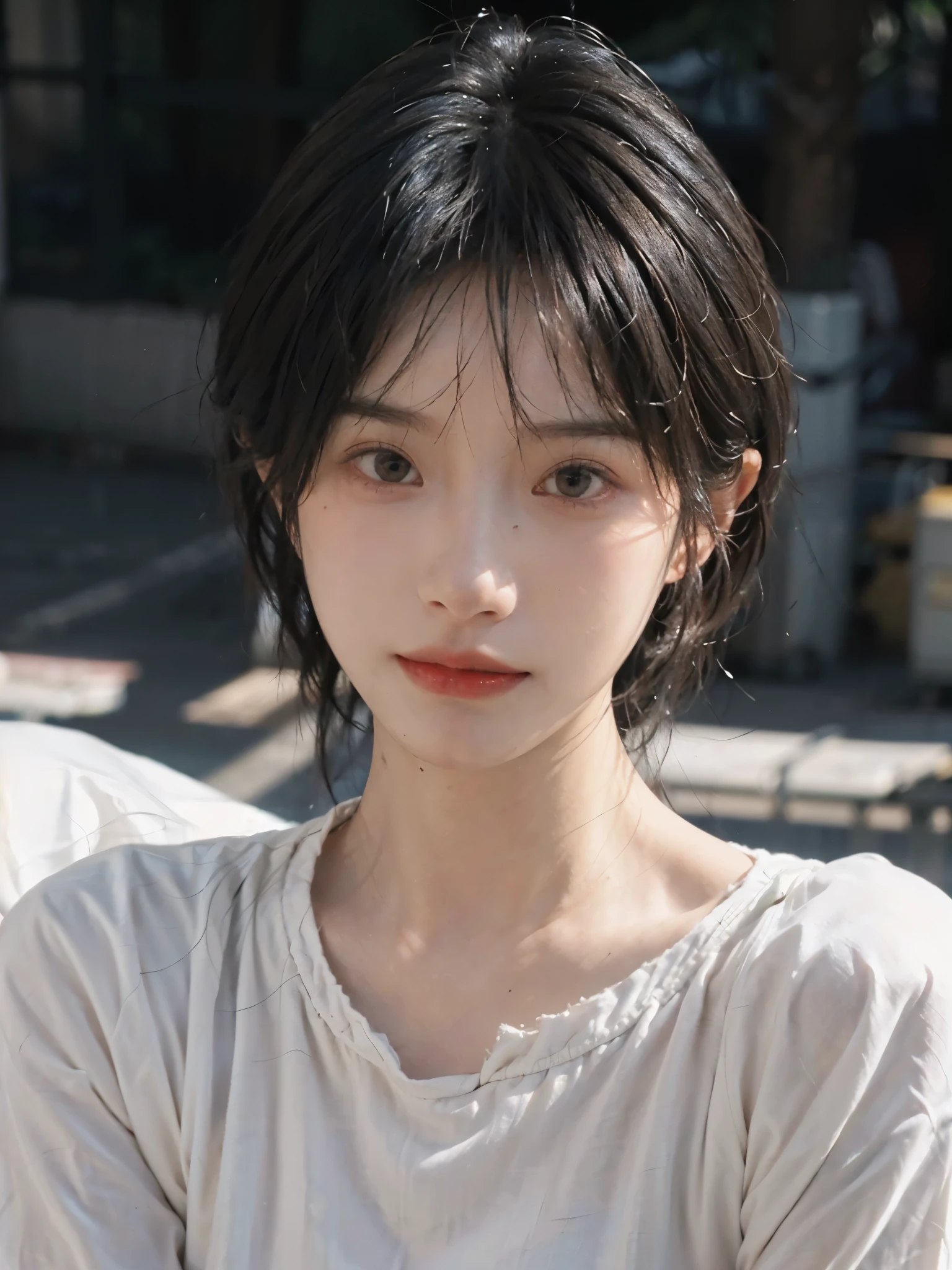 (Skin details:1.4), (smooth skin textures:1.3), Lipstick, background,海滩background, Direct vision, earrings, serene, calm, (Realistic and detailed eyes:1.2), Natural skin texture, Realistic facial details, Soft dramatic lighting, Vivid details, 35 mm film, outdoor, (Photo Practical:1.4), (hyper Practical:1.4), (Practical:1.3), (Smoother lighting:1.05), (Improve lighting quality:0.9), (Highest quality real skin textures:1.4), Exquisite eyes, Delicate face, Close-up of face, (Enhance the beauty of skin texture:1.1), Hair details, Vest,normal body ratio, short hair, Moles under the eyes, thinking, A faint smile,公园background,Portrait Photography, Depth of Field, Bokeh, Surrealism, Ray Tracing, (Portrait Photography:1.1), Surrealism, High Detail, Chiaroscuro, Ray Tracing, reflected light, Ultra HD, Ultra HD, masterpiece, Textured Skin, Super Detail, High Detail, high quality, best quality