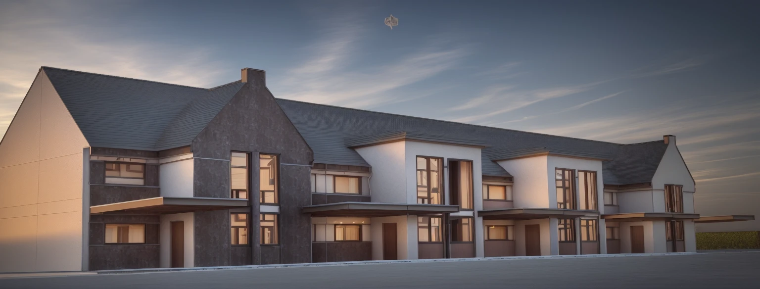a depiction of a house with a gable roof, highly rendered, 3/4 View realistic, architectural visualization, 3D-Rendering, rendered 3D model, 3-D-Rendering, red Brickwall. Anbau aus  traditional black standing seam roof, DSky cloudy. In front of the house there is a garden with flowers. country style. car in front of the houses