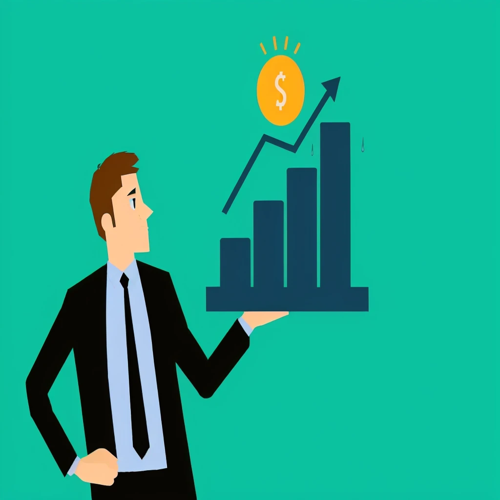 Man in suit holding tray with charts and dollar signs, 간단한 illustration, flat illustration, corporate animation style, 마케팅 illustration, rainy Whitney Sherman, rainy Emma Andijewska, 상세한 illustration, 전문 illustration, svg picture, 마케팅 게임 illustration, shaded flat illustration, rain, illustration, digital marketing, rainy Ingrida Kadaka