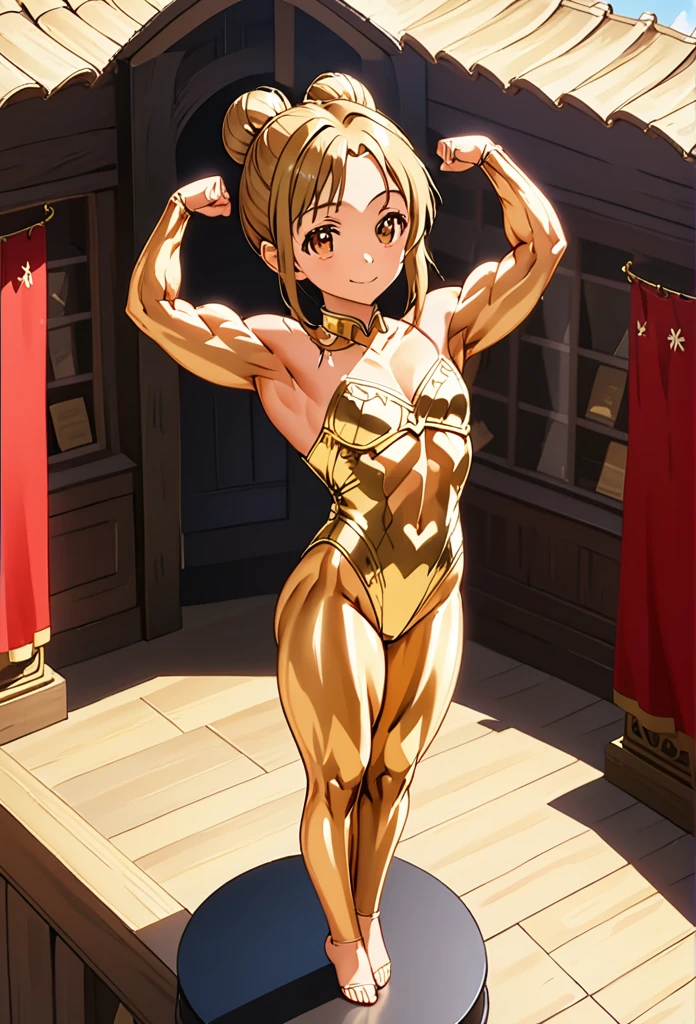 1girl, solo, official style, young girl, children, Yui, Sao, sword_art_online, blonde hair, high hair bun, single hair bun, ballerina bun, forehead, board forehead, makeup, gold face, brown eyes, (metallic skin _1.5), (gold skin_3.0), bodypaint, shiny skin, body shiny, glowing skin, goldcarvingcd, SlightMuscle, Bulky, Bodybuilder, Hypermuscle, alternate muscle size, leotard, gold leotard, highleg, clothing cutout, stomach cutout, looking at viewer, smile, closed mouth, full body, from above, standing, from side, bare shoulder, barefoot, pose, arms up, double biceps pose, flexing, indoors, museum, building, light,