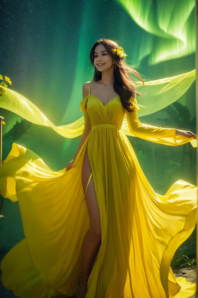 Yellow Dress　Photo style　Real　Super Beauty　Deep emerald green aurora　Fantasy　smile