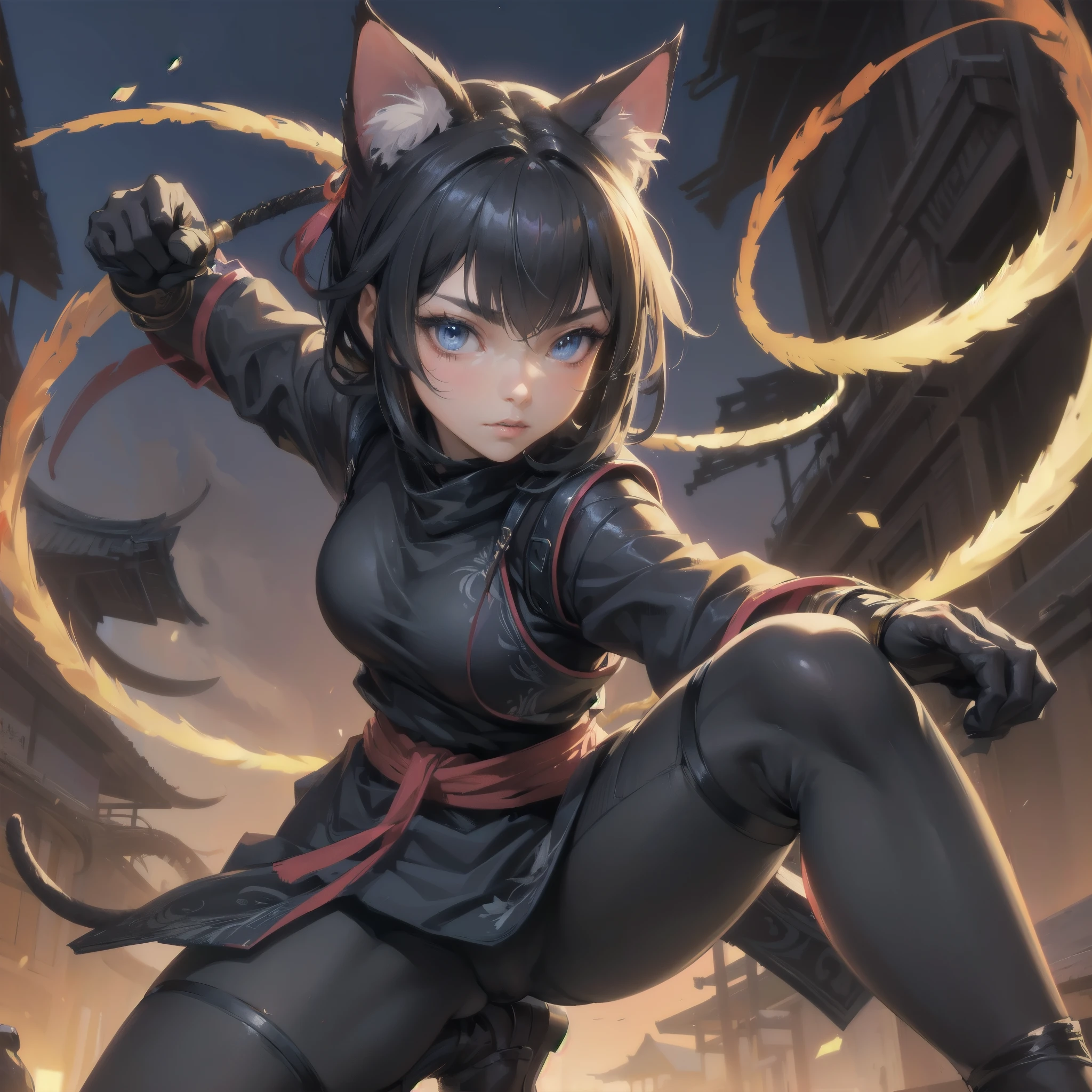 masterpiece, (textured skin), best quality, gorgeous beautiful girl, (a cat ears,cat tail), ninja,detailed clothes,large ,narrow waist,, (beautiful face), cinematic lighting, (fantasy anime art ),