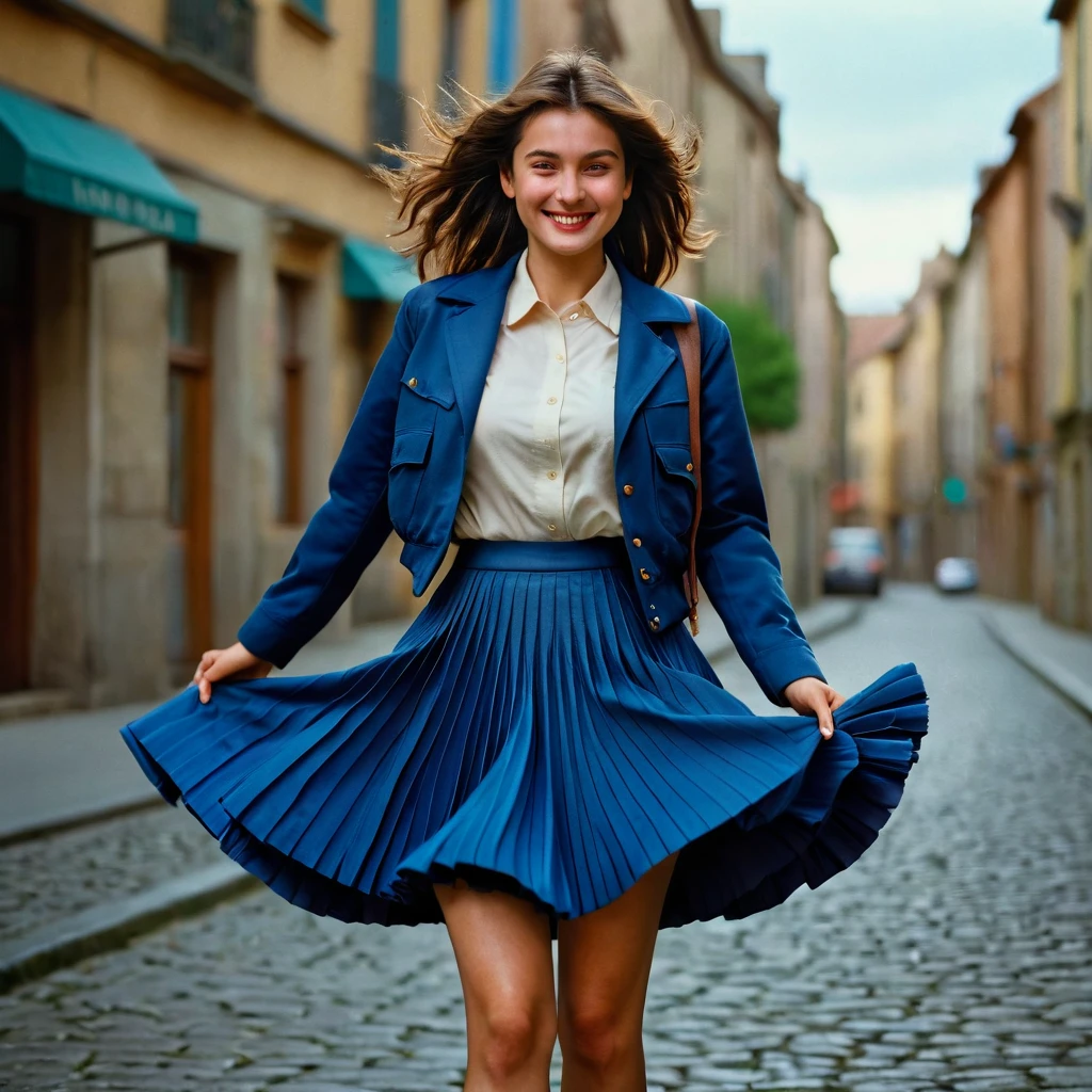 A smiling, authentic, (shy:1,3), kind, beautiful woman, is passionately in love with her skirt, wind wildly lifts her skirt, wearing uniform jacket and very, very detailed (long (fully pleated) full circle skirt) and (low heeled court shoes), very, very intricate hyper-detailed symmetric (attractive graceful young feminine face) with (sad, tired eyes and a loving smile), very voluptuous breasts, full of empathy and compassion and love, (pronounced (feminine) features), (highly detailed ultra accurate realistic) hands and fingers, (windy), epic composition, highly detailed attributes, (35mm f1.4 Kodak portra 400 photograph), extremely high quality RAW photograph, highly detailed atmosphere, sci-fi, cinematic shot, dynamic lighting, 75mm, Technicolor, Panavision, cinemascope, sharp focus, fine details, 8k, HDR, realism, realistic, key visual, film still, superb cinematic color grading, depth of field
