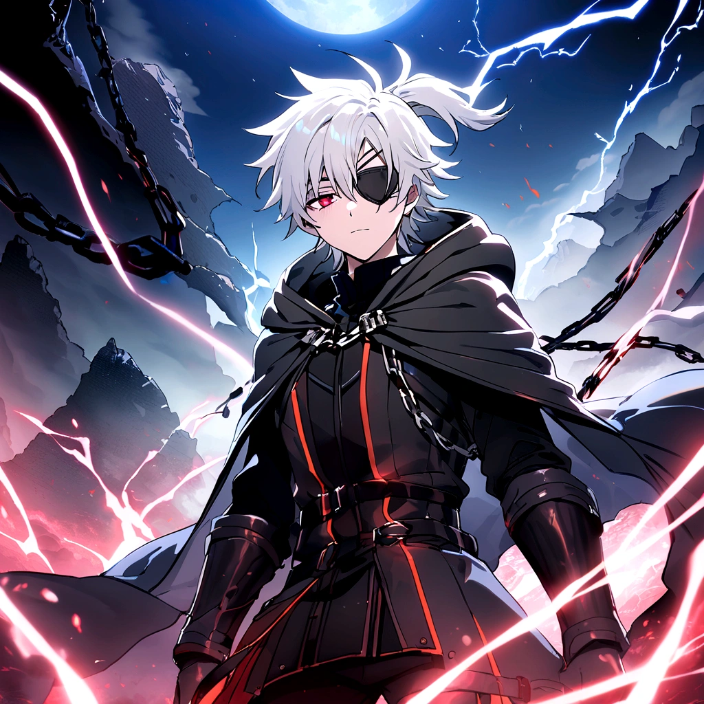 Anime character, a man, medieval era. Young man, 20 years old, large body, cold gaze, cold expression, white skin, short messy gray hair, ponytail, left eye patch, black clothes, black shirt, dark cape with hood, chains. frontal camera. Walking in a sea of ​​blood. Three moons shining high in the sky, purple, red and blue. White electricity emanating from his body, black electricity emanating from his left hand. Right eye shining in a white ray. Thunderous white lightning. (best quality, 4k, 8k, high resolution, masterpiece: 1.2), vibrant, ultra-detailed colors, chiaroscuro lighting, dramatic pose, intricate details, fantasy, mystical, powerful