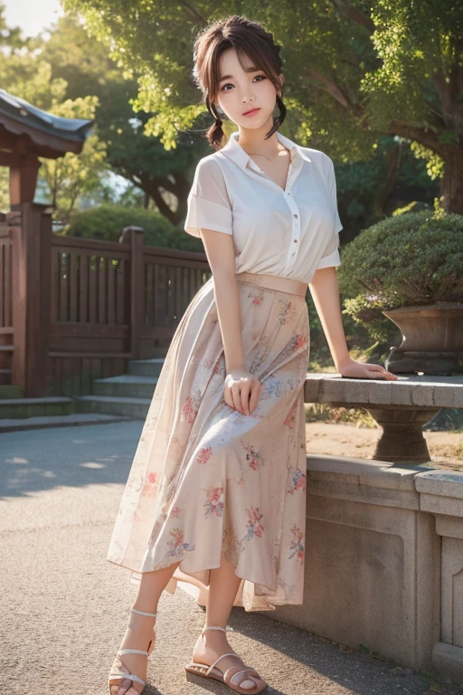masterpiece:1.3), (8K, Realistic, RAW Photos, Best image quality: 1.4), Japanese women、(Random Hairstyles:1.2)、Highly detailed face、Attention to detail、double eyelid、Beautiful woman:1.4、Light brown hair、Highest quality、masterpiece、Ultra-high resolution、(Realistic:1.4)、Detailed and professionally lit smiles、Loose、thin、Shorthair、Deadly position、Long skirt、Full body image、