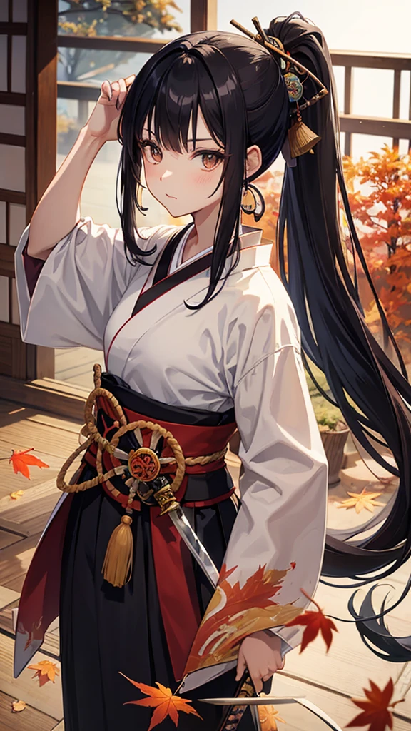 anime,Strange Beauty, alone, Long Hair, Black Hair, ponytail、Brown eyes, model, beautiful, Dcup, Fantasy, autumn leaves、Japanese clothing、((Japanese sword))