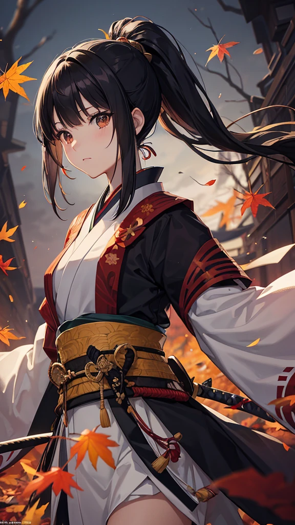 anime,Strange Beauty, alone, Long Hair, Black Hair, ponytail、Brown eyes, model, beautiful, Dcup, Fantasy, autumn leaves、Japanese clothing、((Japanese sword))