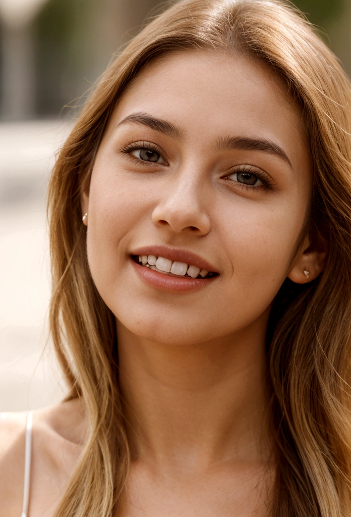 A photorealistic portrait of a young and beautiful 19-year-old woman with light blonde hair, long hair, and brown eyes, American. Epic realism, raw photo, (highly detailed skin:1.2), 8k, DSLR, soft lighting, high quality, film grain, Fujifilm XT3, ultra high resolution, photorealistic:1.4, uhd. The background is blurred to emphasize her face. Her facial features are meticulously detailed: her smooth and clear, slightly tanned skin, well-defined cheekbones, a perfectly shaped nose, a high and smooth forehead, long and thick eyelashes, well-groomed eyebrows, and soft, slightly parted lips. The lighting highlights the natural contours of her face, giving a lifelike and vibrant appearance. She exudes a captivating beauty, with a seductive and alluring expression, sticking her tongue out playfully and giving a fierce, tigress-like look. This dynamic pose makes her appear as a stunning and confident 19-year-old OnlyFans model, radiating sexiness and charisma. She looks very young and shows a full set of beautifully crafted, perfectly aligned teeth, not just the front two, emphasizing her radiant smile and enhancing her overall attractiveness.