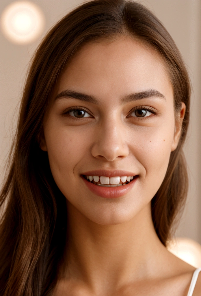 A photorealistic portrait of a young and beautiful 19-year-old woman with light blonde hair, long hair, and brown eyes, American. Epic realism, raw photo, (highly detailed skin:1.2), 8k, DSLR, soft lighting, high quality, film grain, Fujifilm XT3, ultra high resolution, photorealistic:1.4, uhd. The background is blurred to emphasize her face. Her facial features are meticulously detailed: her smooth and clear, slightly tanned skin, well-defined cheekbones, a perfectly shaped nose, a high and smooth forehead, long and thick eyelashes, well-groomed eyebrows, and soft, slightly parted lips. The lighting highlights the natural contours of her face, giving a lifelike and vibrant appearance. She exudes a captivating beauty, with a seductive and alluring expression, sticking her tongue out playfully and giving a fierce, tigress-like look. This dynamic pose makes her appear as a stunning and confident 19-year-old OnlyFans model, radiating sexiness and charisma. She looks very young and shows a full set of beautifully crafted, perfectly aligned teeth, not just the front two, emphasizing her radiant smile and enhancing her overall attractiveness.