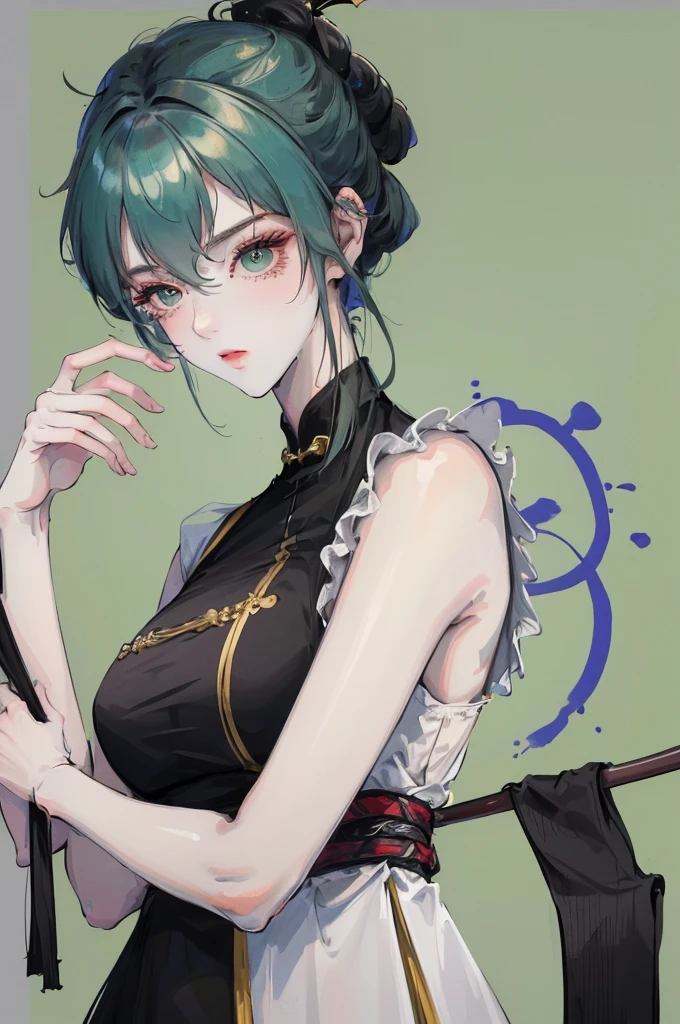Masterpiece, Best quality, 1 Female, Mature Woman, Elder Sister, Royal Sister, Cold Face, strong, green eyes, short hair, smoky color hair, resolute eyes, simple white Taoist Taoist uniform, black accessories, sarashi, one shoulderancient, On her back he carried a guitar, Chinese mix morden, blank background, remove background