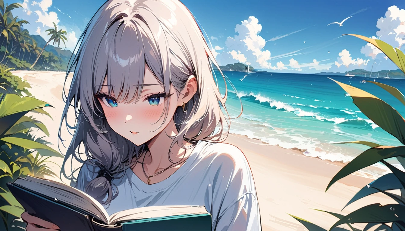 (masterpiece, Highest quality:1.2), 1 Girl, alone,Eyes open,I have a book,Tropical atmosphere,Ocean