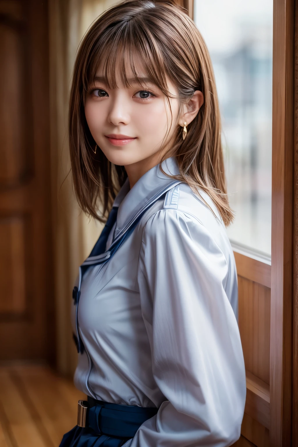 Full body portrait、Beauty、Well-formed face、20-year-old、Uniform eyes、Small face、, light brown hair, hair over shoulder, parted bangs, straight hair, expressive hair, shiny hair, earrings, seductive smile, Completely naked、Medium build、Small Bust, Surrealism, cinematic lighting, first-person view, pov, f/1.2, Nikon, depth of field, cowboy shot, tachi-e, UHD, textured skin, best quality, highres, 8k