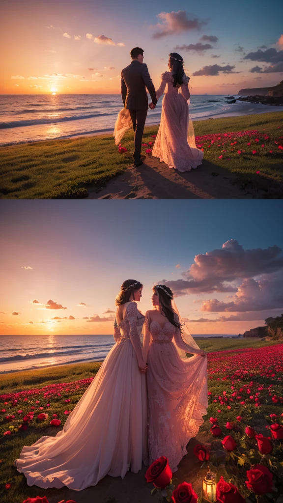 “Create a highly detailed and high-resolution image with a romantic and fantastical scene. The background features a sunset over the ocean. The beach is covered with a field of roses, each rose with glowing outlines and intricately detailed petals. The roses are depicted prominently and in large size.”