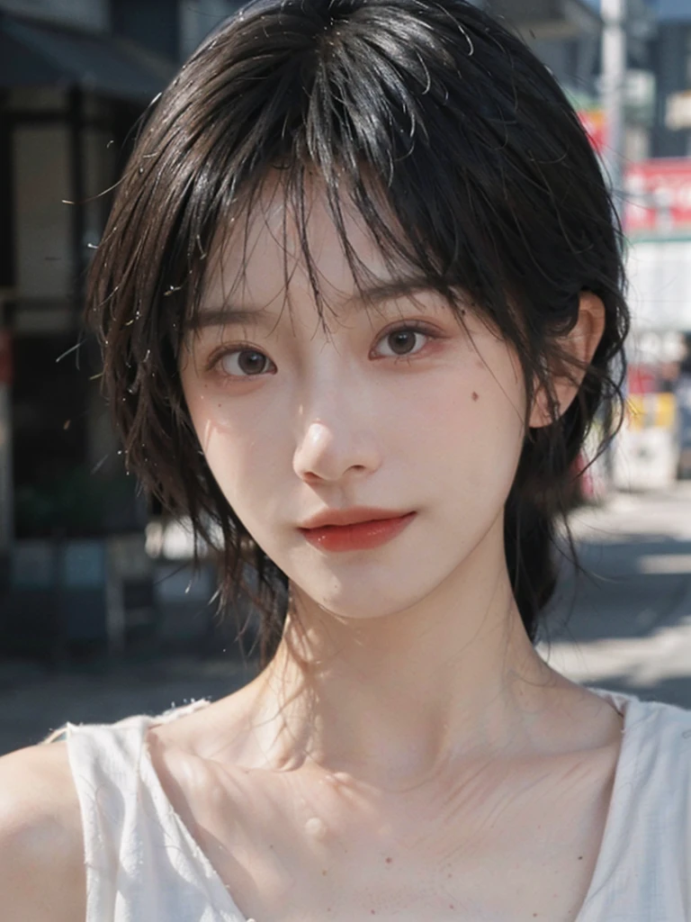 (Skin details:1.4), (smooth skin textures:1.3), Lipstick, background,海滩background, Looking at the audience,earrings, serene, calm, (Realistic and detailed eyes:1.2), Natural skin texture, Realistic facial details, Soft dramatic lighting, Vivid details, 35 mm film, outdoor, (Photo Practical:1.4), (hyper Practical:1.4), (Practical:1.3), (Smoother lighting:1.05), (Improve lighting quality:0.9), (Highest quality real skin textures:1.4), Exquisite eyes, Delicate face, Close-up of face, (Enhance the beauty of skin texture:1.1), Hair details, Vest,normal body ratio, short hair, Moles under the eyes, thinking, A faint smile,公园background,Portrait Photography, Depth of Field, Bokeh, Surrealism, Ray Tracing, (Portrait Photography:1.1), Surrealism, High Detail, Chiaroscuro, Ray Tracing, reflected light, Ultra HD, Ultra HD, masterpiece, Textured Skin, Super Detail, High Detail, high quality, best quality