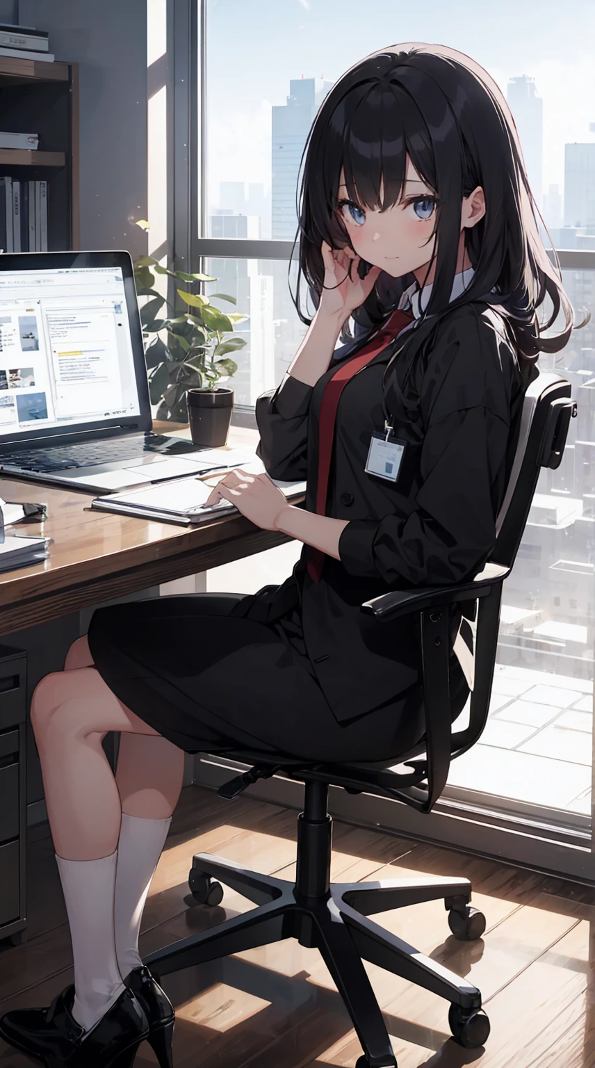 This illustration depicts a cute girl working in an office in a high-rise building, at a moment when she is tired of the situation. She is working on her laptop and is facing the monitor. His eyes are shining. Inside the room are piles of documents, an office desk and chair, a monitor, etc. However, the most notable thing is the "final mysterious high-energy body" she emits. This energy body is released from her body and has the power to obliterate the garbage in the room. emits a pale, white light that reaches every corner of the room. The view from the window is a night view. A girl with a satisfied expression is sitting.(night)