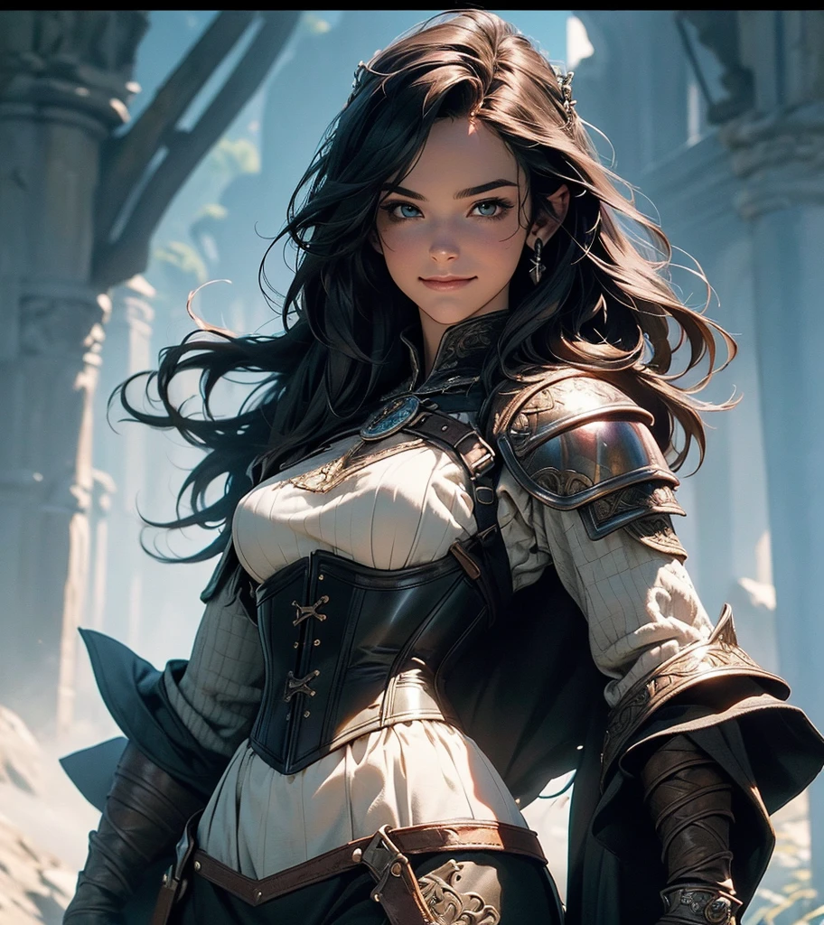 (((Solo character image.))) (((Generate a single character image.))) Dark fantasy art, (((Dark, night time background.))) (((Strong elements of dark medieval fantasy.))) Art style by J Scott Campbell.  (((Charcter looks like FBB Brandi Mae Akers.))) Looks like an exciting, thrilling, female adventurer for Dungeons & Dragons.  Looks like a thrilling female swashbuckler in a fantasy setting.  Single female character portrait, fantasy artwork, fantasy attire, fantasy clothes, (((leather armor))), (((tight corset))), shadowy, athletic body, gymnast body, (((smug smile))), (((action pose))), (((medieval clothing))), arched eyebrows, sassy, (((gorgeous face))), sneaky, sly, attractive, sexy, youthful, (((lusty smile))), (((very sexy and alluring hair))), firm breasts, arrogant, beautiful body, hyper detailed, trending on artstation, (((Dungeons & Dragons))) pathfinder, skyrim, lord of the rings, game of thrones, character portrait, intricate details, ultra detailed, ultra detailed clothes, epic masterpiece, intricate details, trending on Artstation, digital art, unreal engine, 8k, ultra HD, centered image gorgeous face, fantasy artwork, fantasy attire, fantasy adventurer, masterpiece:1.3,madly detailed photo:1.2, hyper-realistic lifelike texture:1.4, picture-perfect:1.0,8k, HQ,best quality:1.0, (masterpiece,fantasy,art, best quality, unreal engine, 8k, ultra HD, centered image, absurdres, best quality:1.0,hyperealistic:1.0,photorealistic:1.0,madly detailed CG unity 8k wallpaper:1.0,masterpiece:1.3,madly detailed photo:1.2, hyper-realistic lifelike texture:1.4, picture-perfect:1.0,8k, HQ,best quality:1.0,
