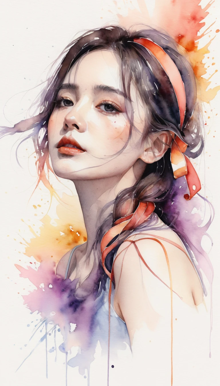 (8k, best quality, masterpiece:1.2),(best quality:1.0), (ultra highres:1.0), watercolor, a beautiful woman, shoulder, hair ribbons, by agnes cecile, half body portrait, extremely luminous bright design, pastel colors, (ink:1.3), autumn lights,
