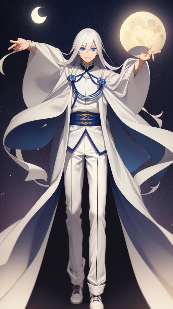 1 tall young man, silver hair, blue eyes, white skin, smile, long hair, floating in the air, short jacket, long pants, holding a lantern, Chinese lantern, night, moon