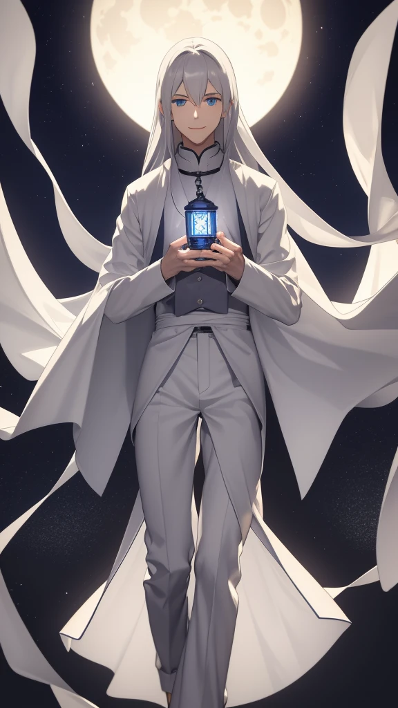 1 tall young man, silver hair, blue eyes, white skin, smile, long hair, floating in the air, short jacket, long pants, holding a lantern, Chinese lantern, night, moon