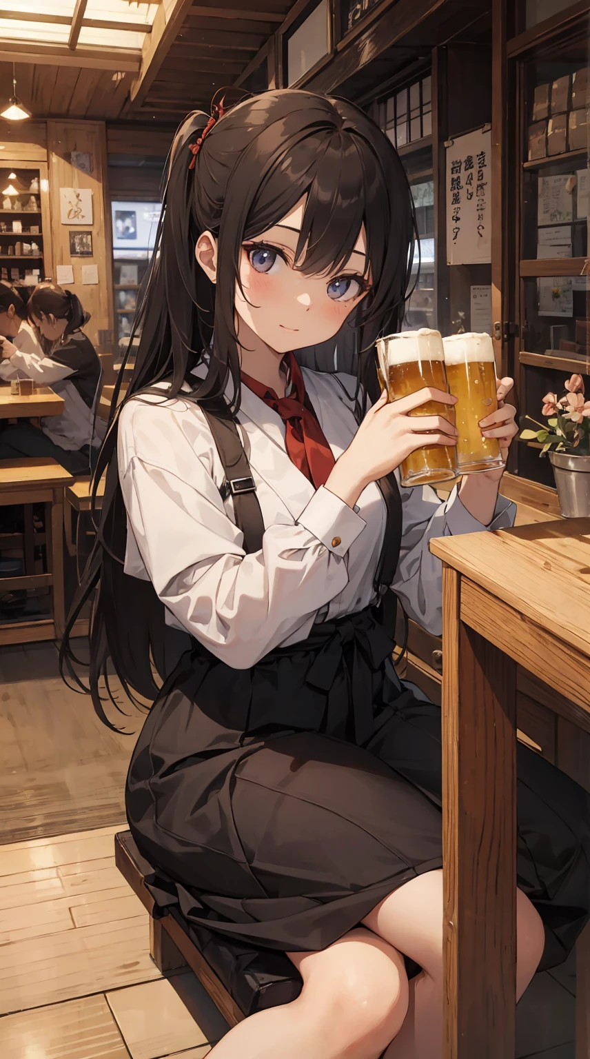 This illustration depicts a cute girl drinking beer at an izakaya. She holds a glass of beer in her hand and her eyes sparkle. The inside of the store is a traditional Japanese izakaya, with tatami mat floors and signs hanging on the walls. However, the most noteworthy thing is the "last mysterious high-energy body" she emits. This energy body is released from her body and has the power to obliterate the garbage in the store. The pale light reaches every corner of the room. A girl with a satisfied expression is sitting from the window. It's evening, dressed after work.