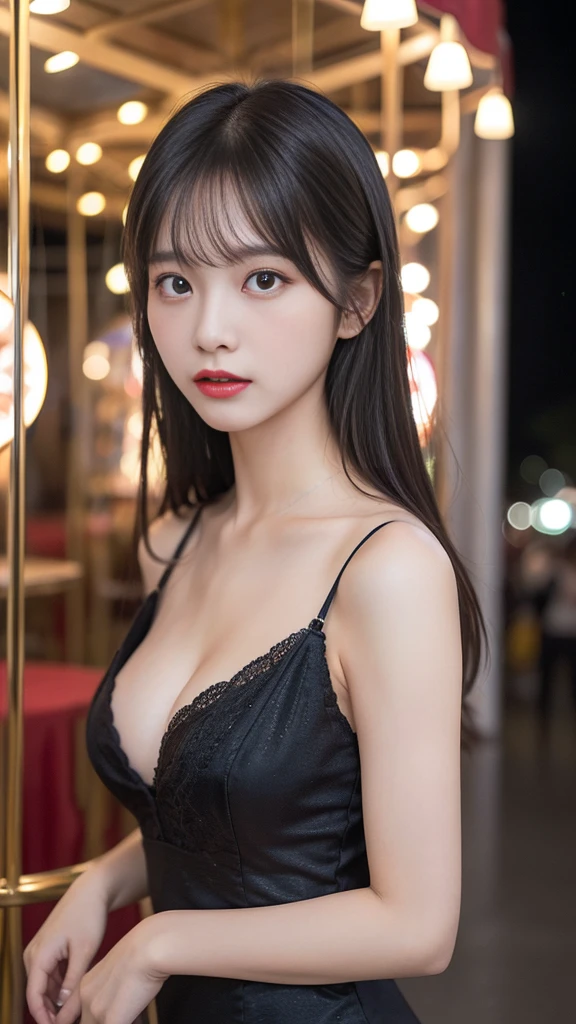 (8K, RAW Photos, Highest quality, masterpiece:1.2), (Realistic, photo-Realistic:1.37) , One girl, (carousel, night), Miao Xiaozi(secret_tea), Detailed face, Fine grain, Black Dress,Big Breasts,Sexy expression