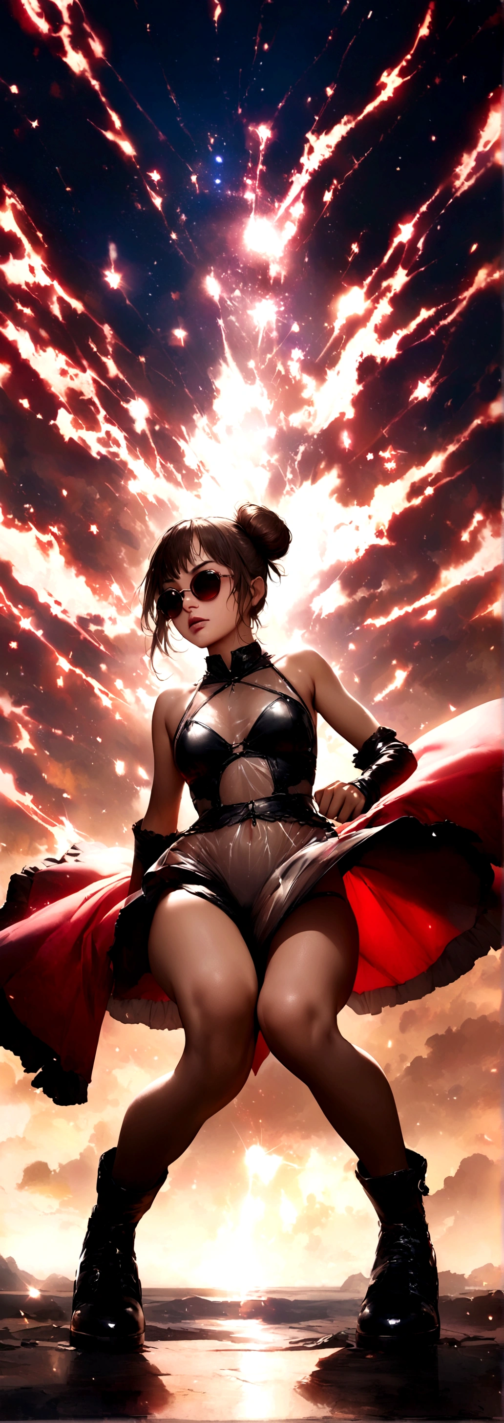 Ethereal being, loose bun, bioluminescent see-through attire, sunglasses, full-body stance, low squatting Sakura Naruto + Leona vampire devil big titis perspective, emitting moody constellation of hues including dark, red, silver lime, gold, cyan, surroud satrs by tempest of power light, boom of stars and reds, sparks, digital painting, ultra-realistic, dramatic lighting