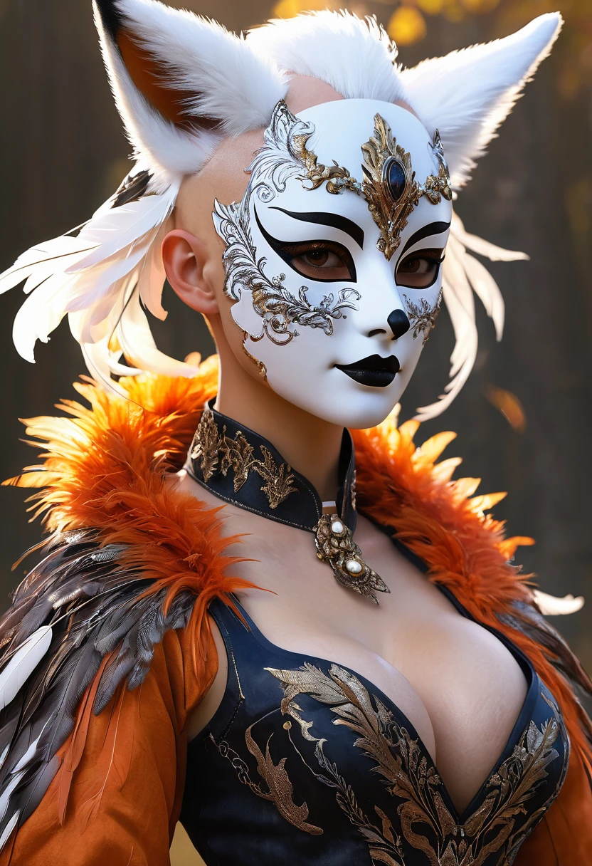 1 girl,One,, official art, unified wallpaper 8k, Super detailed, Fair and aesthetic, Fair, masterpiece, Best quality,, bald demon, Fox Mask, Feather jacket, Foxfire Spell, Familiar fox, transformation,