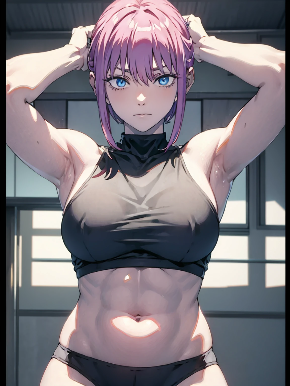 (Sweat, White skin:1.5、Grey sports bra)Surreal Japanese Portraits,, Ron Mueck, Richard Estes, Marilyn Minter、Purple and blue gradation eyes enveloped in the mystery of the universe,、Perfect lighting, (Perfect hands, Perfect Anatomy)、whole body(1:2)、(White skin:1.5、Muscular arms)、Excellent style,Complete body balance、Dynamic Acid Pose(1:2)、(16:Specializing in aspect ratio 9)、Plump body