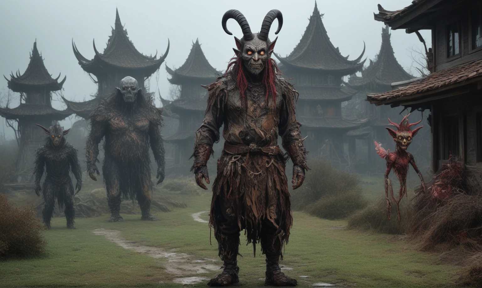 A Chinese orc in dirty torn clothes stands in the middle of a droga in the village. On the side of the road there are old huts, a broken cart. The orc is bald, its body is wrinkled, its hair is disheveled, and a dead bird lies next to it. A huge gold medallion with a precious stone hangs around his neck. An evil look, a slight grin, rotten teeth. An ominous landscape, authentic, hyperrealistic. Detailed eyes. Resolution 16K,Nikon Z9, digital photography, ultra textured leather, Realistic photography, Cinematic effect, soft light, soft shadows, high quality volumetric lighting