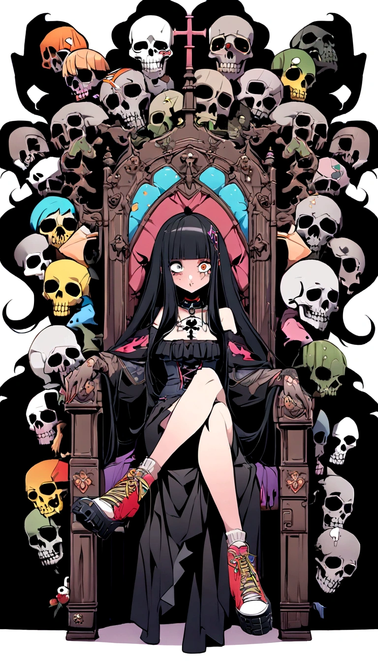Black Hair、Black Feather、Gothic Punk、sit on a chair, cross one's legs、Throne、tears,anime zombie witch design, crossbones, skulls, street wear design, pro vector, Horror style, full design, 6 colors only, solid colors, no shadows, full design, sticker, bright colors, white background.super fine illustration,(((beautiful fine hair))),(((beautiful fine face))),(((beautiful fine background))),(((beautiful fine hair))),(((beautiful fine face))),(((beautiful fine background))),Midsummer、beachBlack Hair、blunt bangs、Cross-eyed