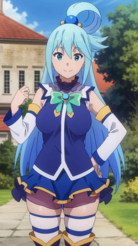 {{{masterpiece}}}, {{{best quality}}}, {{ultra-detailed}}, {illustration}, {{an extremely delicate and beautiful}}, (beautiful detailed eyes:1.6), extremely detailed face, 8k, anime face, 18 years old, aqua (konosuba)1girl, long hair, blue eyes, hair ornament, very long hair, blue hair, bangs, hair rings, single hair ring, hair bobbles, skirt, shirt, thighhighs, bare shoulders, detached sleeves, white sleeves, white thighhighs, blue skirt, petticoat, blue shirt, green bow, blue long boots, large breasts, thighs, zettai ryouiki, BREAK, sorriso alegre, visual anime de uma jovem mulher, extremamente bonito rosto de anime, anime melhor garota, sorriso astuto, outdoor, sky, daytime, forest, field

