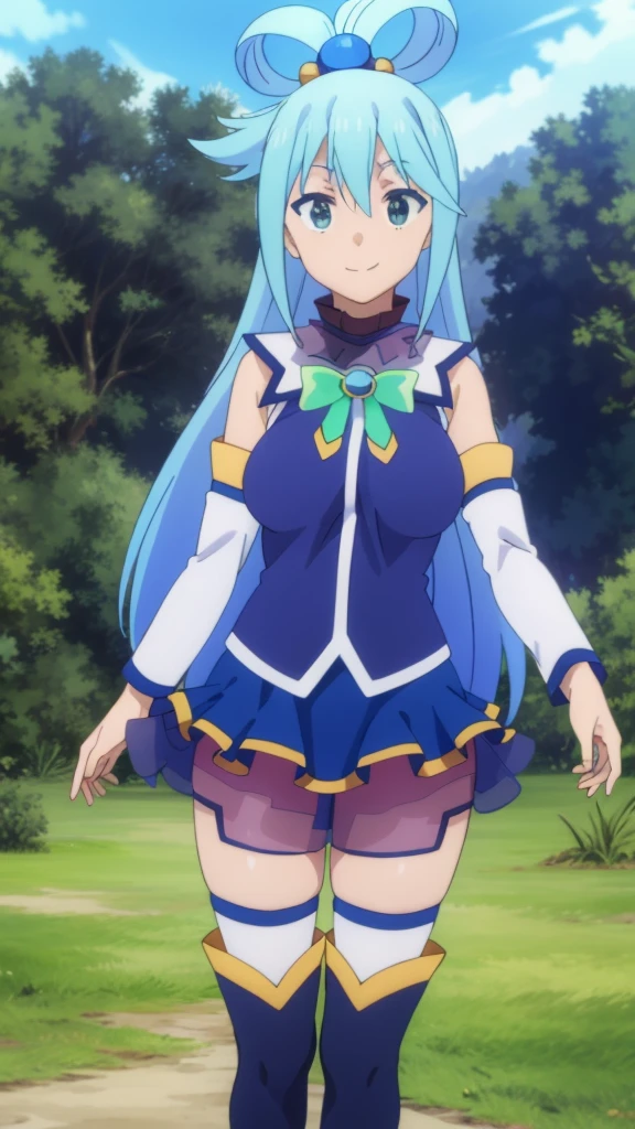 {{{masterpiece}}}, {{{best quality}}}, {{ultra-detailed}}, {illustration}, {{an extremely delicate and beautiful}}, (beautiful detailed eyes:1.6), extremely detailed face, 8k, anime face, 18 years old, aqua (konosuba)1girl, long hair, blue eyes, hair ornament, very long hair, blue hair, bangs, hair rings, single hair ring, hair bobbles, skirt, shirt, thighhighs, bare shoulders, detached sleeves, white sleeves, white thighhighs, blue skirt, petticoat, blue shirt, green bow, blue long boots, large breasts, thighs, zettai ryouiki, BREAK, sorriso alegre, visual anime de uma jovem mulher, extremamente bonito rosto de anime, anime melhor garota, sorriso astuto, outdoor, sky, daytime, forest, field