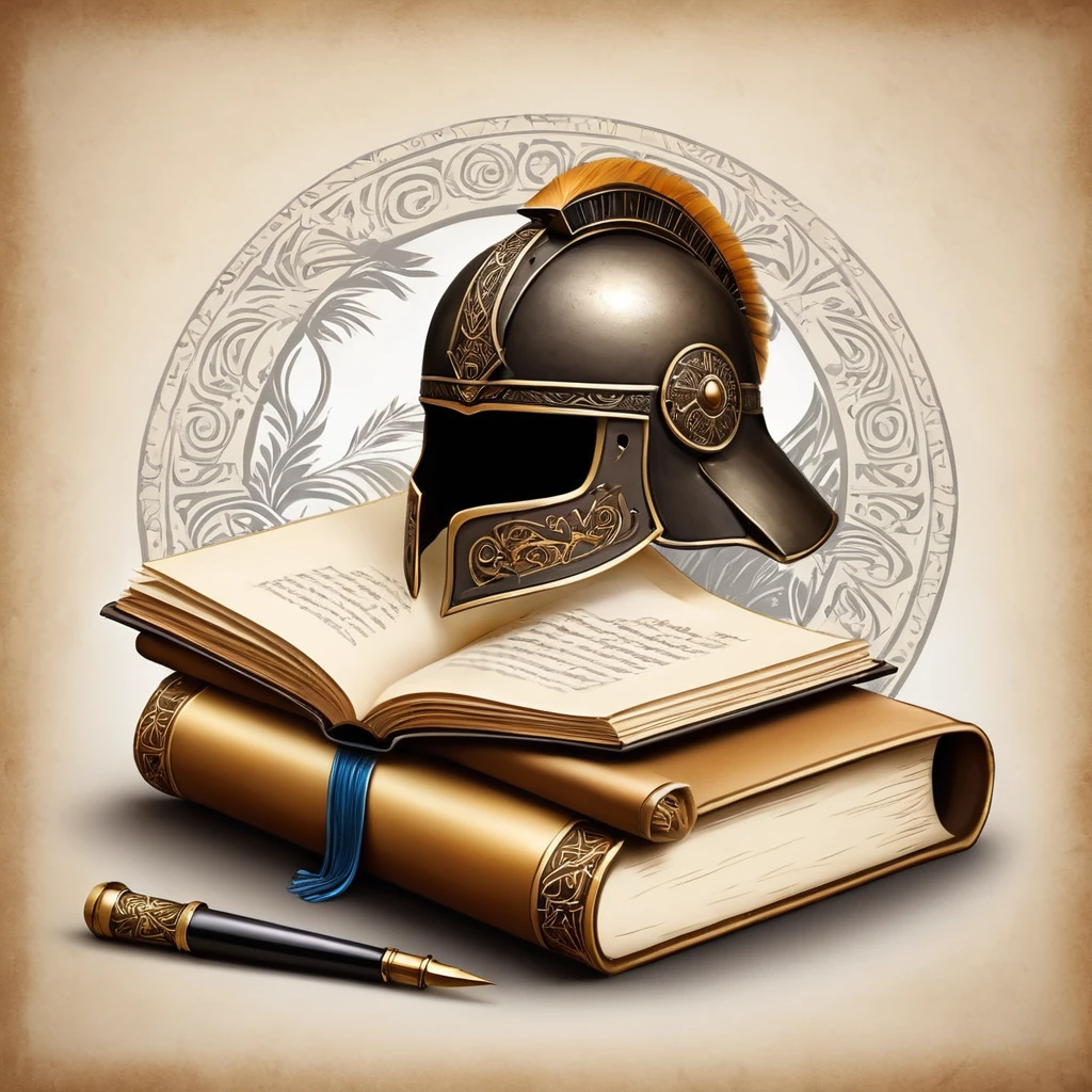 "Create a logo for a history channel that evokes a sense of knowledge, discovery, and authenticity. The logo should feature an unrolled ancient scroll with intricate historical writing. Include a central open book with aged pages. Incorporate a historical warrior helmet, reminiscent of Roman, Greek, or medieval times, and a quill pen dipped in ink. Use a classic serif or elegant handwritten font for the channel name, making it clear and prominent. Choose earthy tones like brown, beige, and gold, with dark accents such as black or gray for contrast. The style should be illustrative with careful details, blending classic elements with a clean, modern touch. Balance the composition with the scroll or book at the center, surrounded by the helmet and quill. Place the channel name below or above the main symbol."