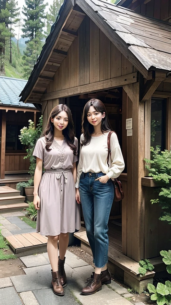 The image features two individuals standing in front of two charming, rustic cabins. The cabins are made of wood and have a distinctive, arched roof design. Each cabin has a front porch with steps leading up to it, surrounded by lush greenery and colorful flowers. The cabins appear to be located in a rural or mountainous area, adding to their quaint, cozy atmosphere. The sky is overcast, lending a cool and tranquil mood to the scene. The individuals are dressed in casual clothing and are smiling at the camera, suggesting a pleasant visit or stay at this picturesque location.