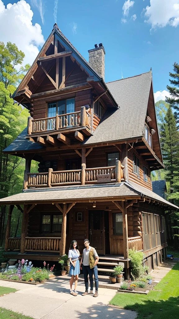 The image features two individuals standing in front of two charming, rustic cabins. The cabins are made of wood and have a distinctive, arched roof design. Each cabin has a front porch with steps leading up to it, surrounded by lush greenery and colorful flowers. The cabins appear to be located in a rural or mountainous area, adding to their quaint, cozy atmosphere. The sky is overcast, lending a cool and tranquil mood to the scene. The individuals are dressed in casual clothing and are smiling at the camera, suggesting a pleasant visit or stay at this picturesque location.
