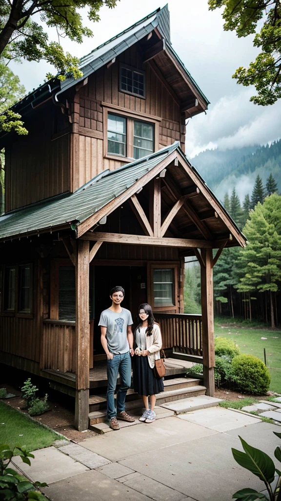 The image features two individuals standing in front of two charming, rustic cabins. The cabins are made of wood and have a distinctive, arched roof design. Each cabin has a front porch with steps leading up to it, surrounded by lush greenery and colorful flowers. The cabins appear to be located in a rural or mountainous area, adding to their quaint, cozy atmosphere. The sky is overcast, lending a cool and tranquil mood to the scene. The individuals are dressed in casual clothing and are smiling at the camera, suggesting a pleasant visit or stay at this picturesque location.
