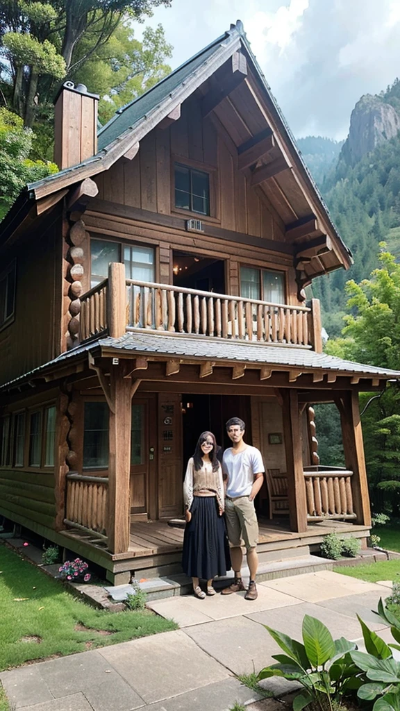 The image features two individuals standing in front of two charming, rustic cabins. The cabins are made of wood and have a distinctive, arched roof design. Each cabin has a front porch with steps leading up to it, surrounded by lush greenery and colorful flowers. The cabins appear to be located in a rural or mountainous area, adding to their quaint, cozy atmosphere. The sky is overcast, lending a cool and tranquil mood to the scene. The individuals are dressed in casual clothing and are smiling at the camera, suggesting a pleasant visit or stay at this picturesque location.