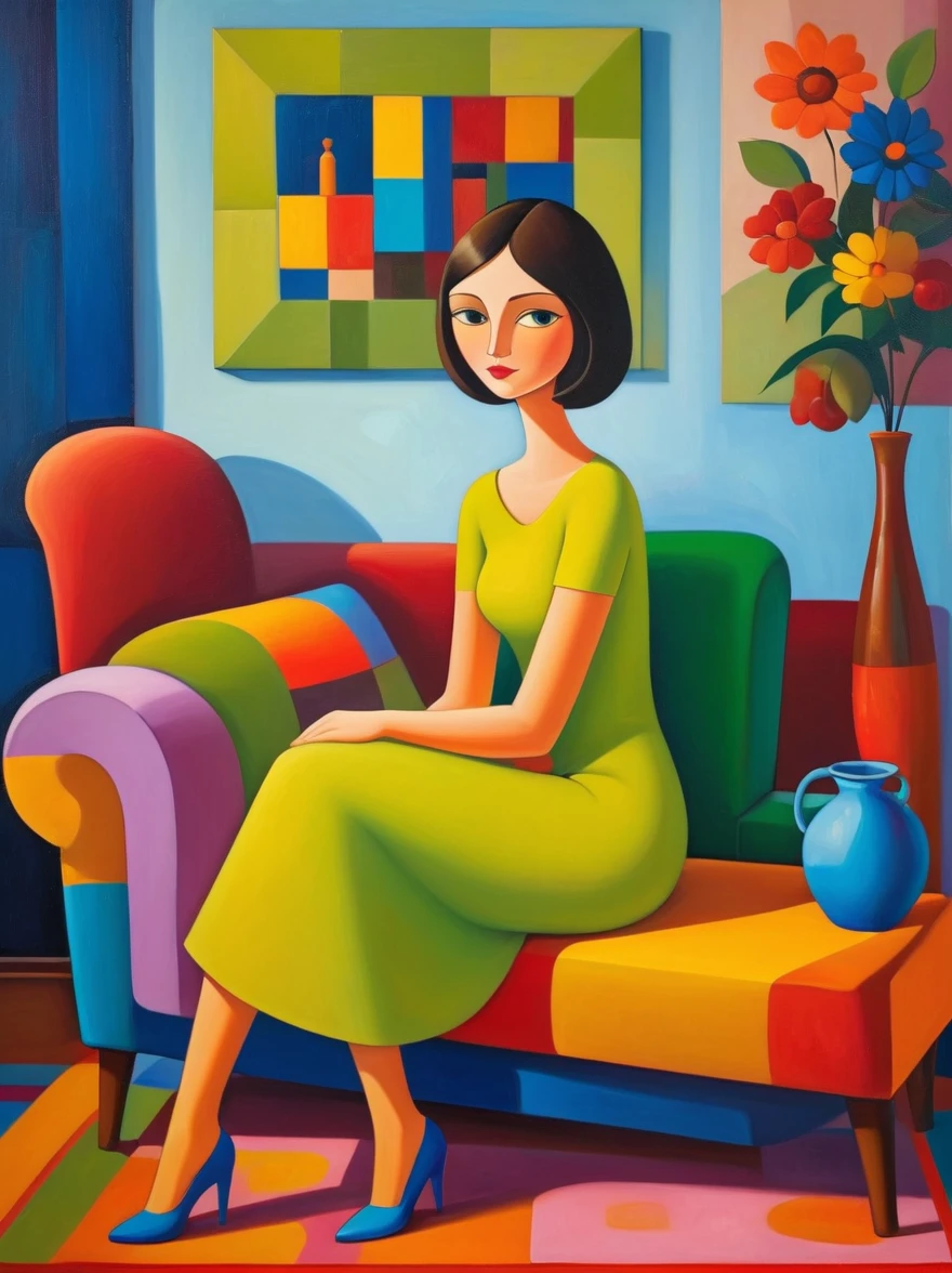 in style of Iwona Lifsches, full body portrait of character sitting in the living room