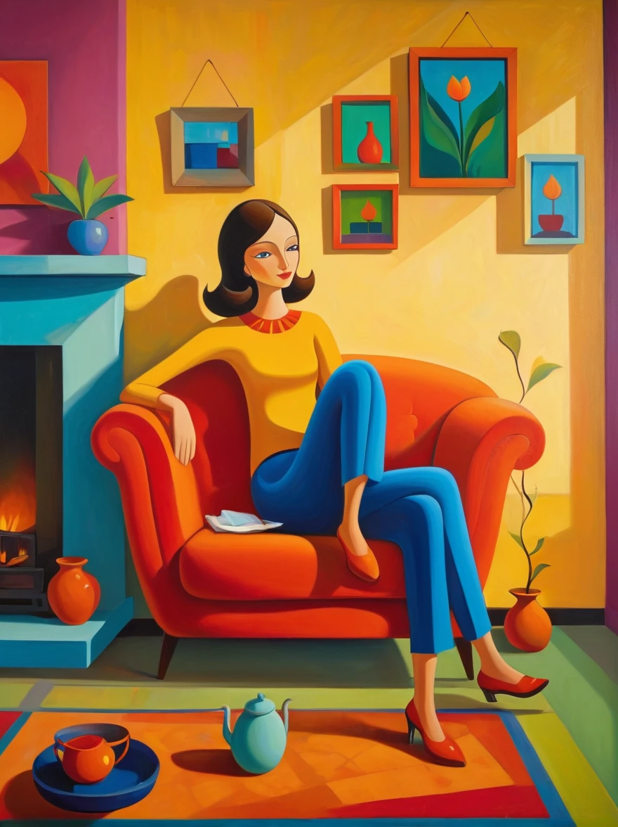 in style of Iwona Lifsches, full body portrait of character sitting in the living room